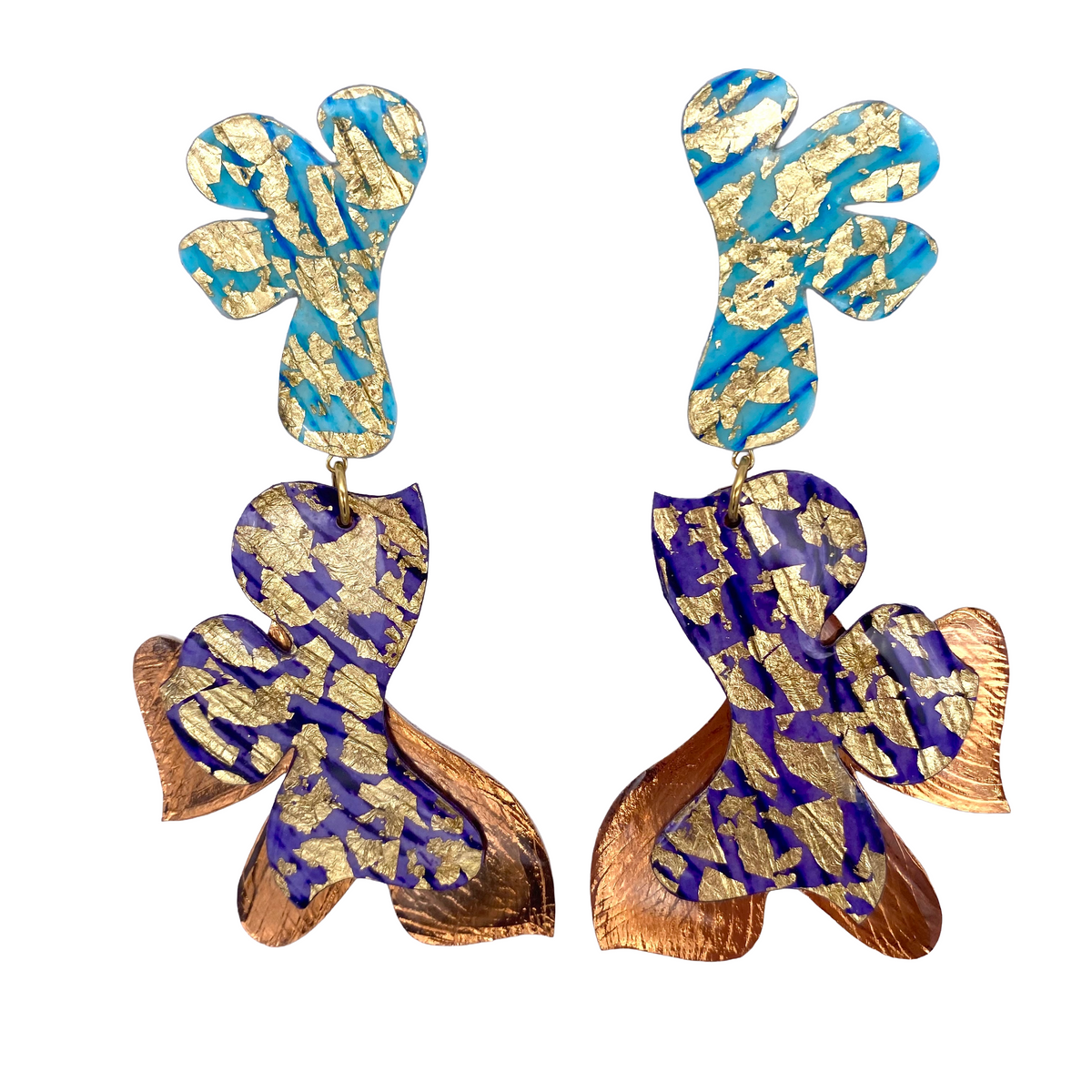 Blossoms “Hortensia no.1” earrings in aqua/lilac/gold sgraffito