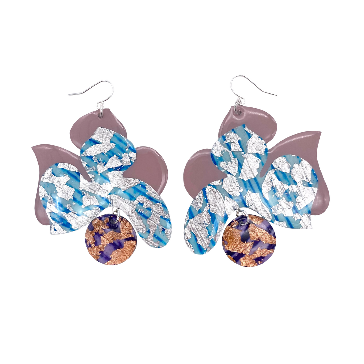 Blossoms no.2” earrings in dusk-rose/aqua/sgraffito