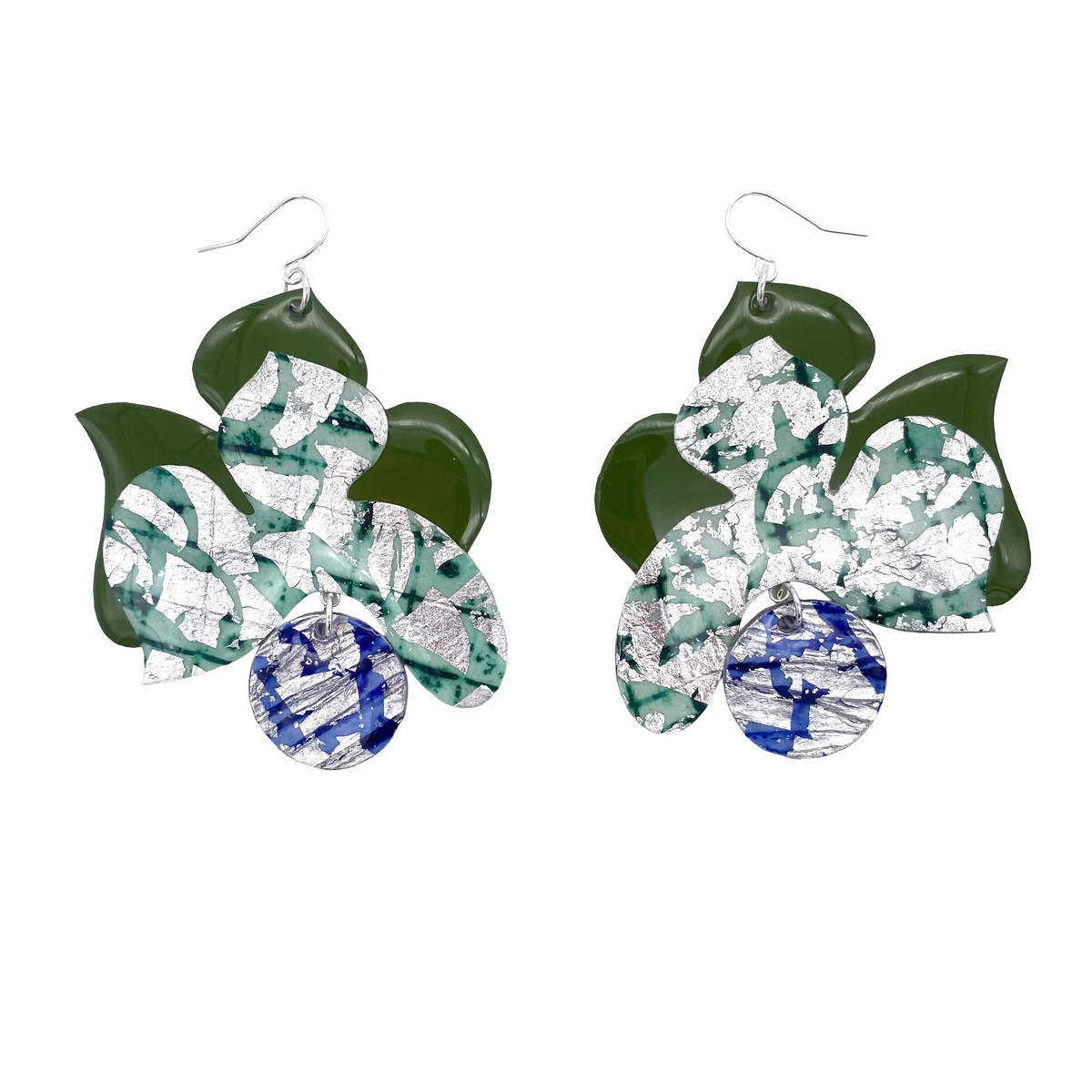 Blossoms no.2” earrings in olive/lapis/silver sgraffito