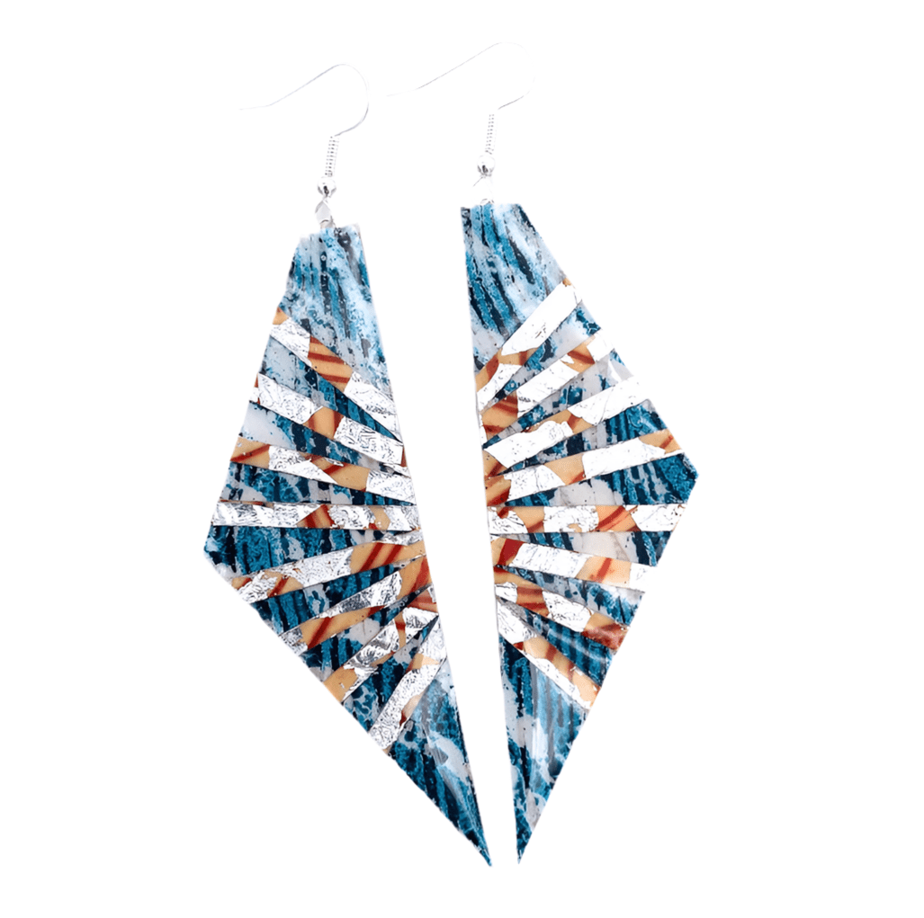 Adabel batik textile earrings in teal/silver/orange - Rothlú
