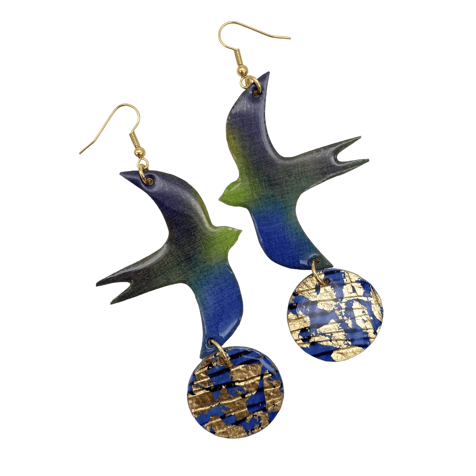 Bird Disc shibori silk earrings green - blues/gold/lapis - Rothlú