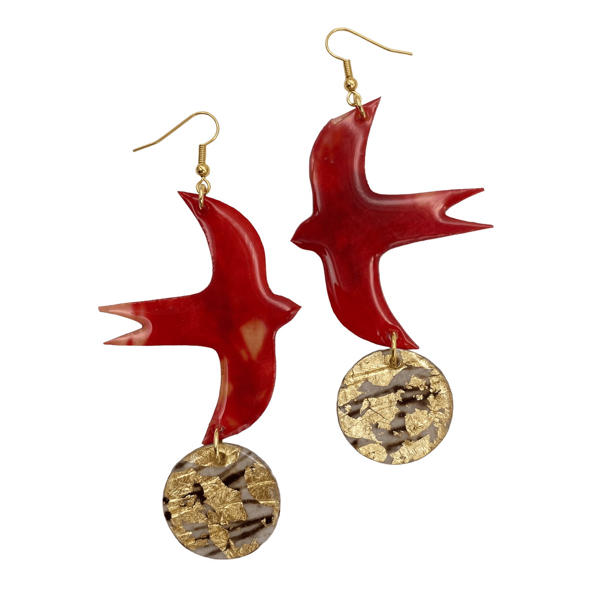 Bird Disc shibori silk earrings in cranberry/grey/gold - Rothlú