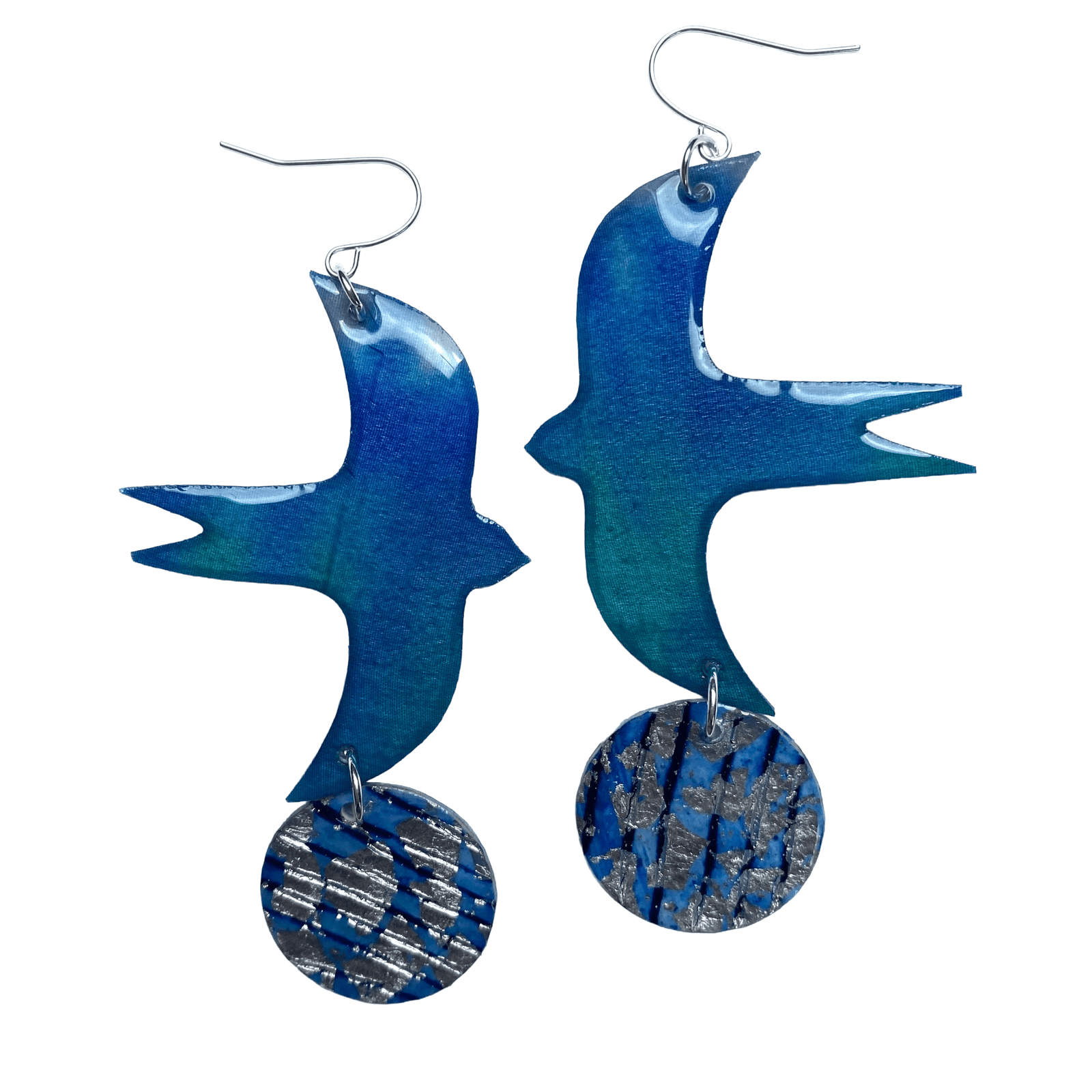 Bird Disc shibori silk earrings in greens sea - blue/lapis/silver - Rothlú
