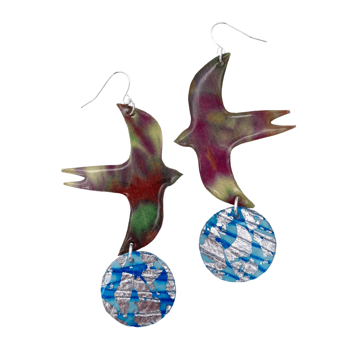 Bird Disc shibori silk earrings in greens/plum/aqua/silver - Rothlú