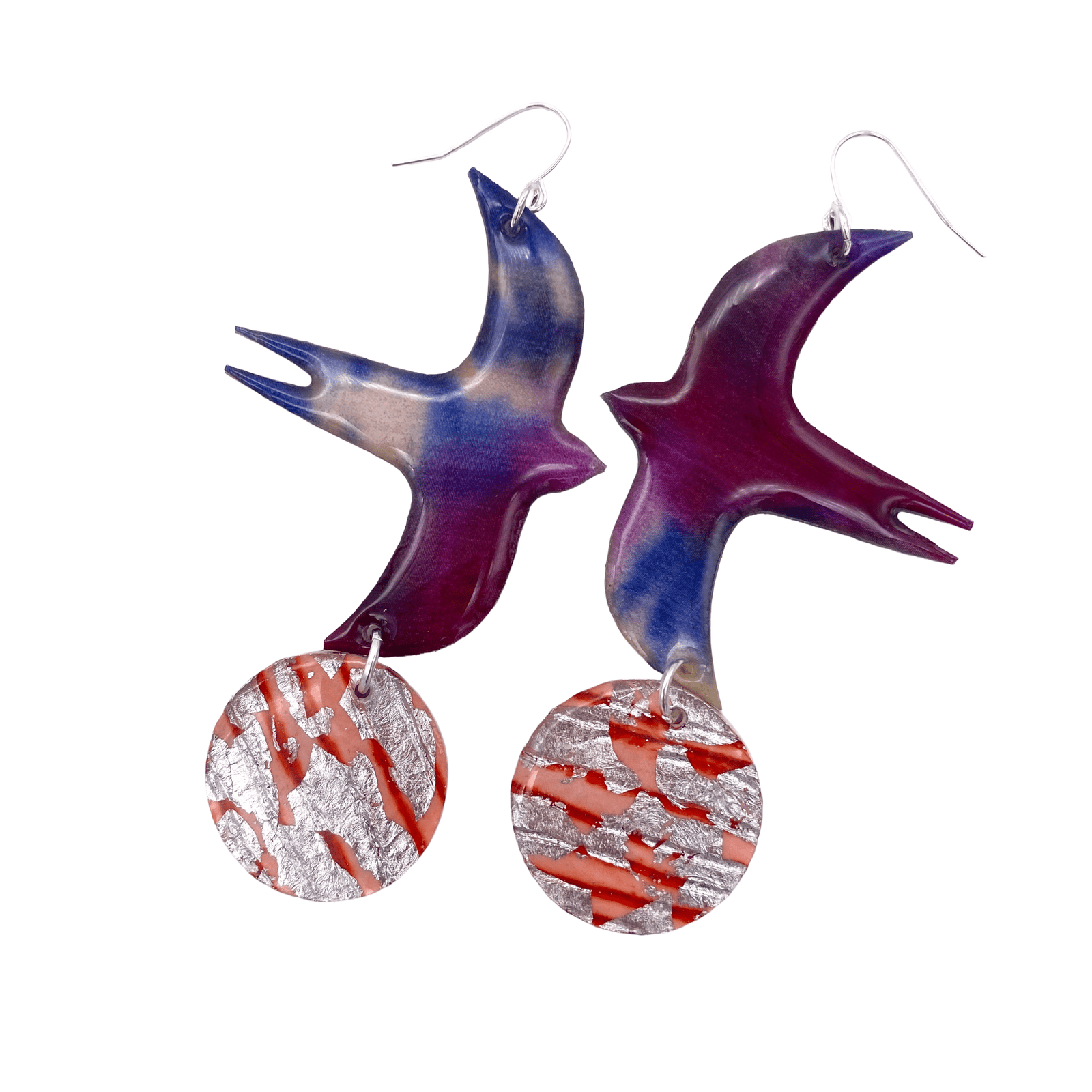 Bird Disc shibori silk earrings in violet/coral/blue/silver - Rothlú