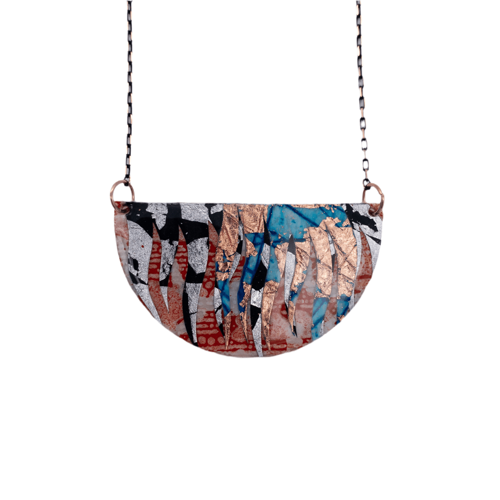 Bláth batik textile necklace in orange/copper/silver/blue/black - Rothlú