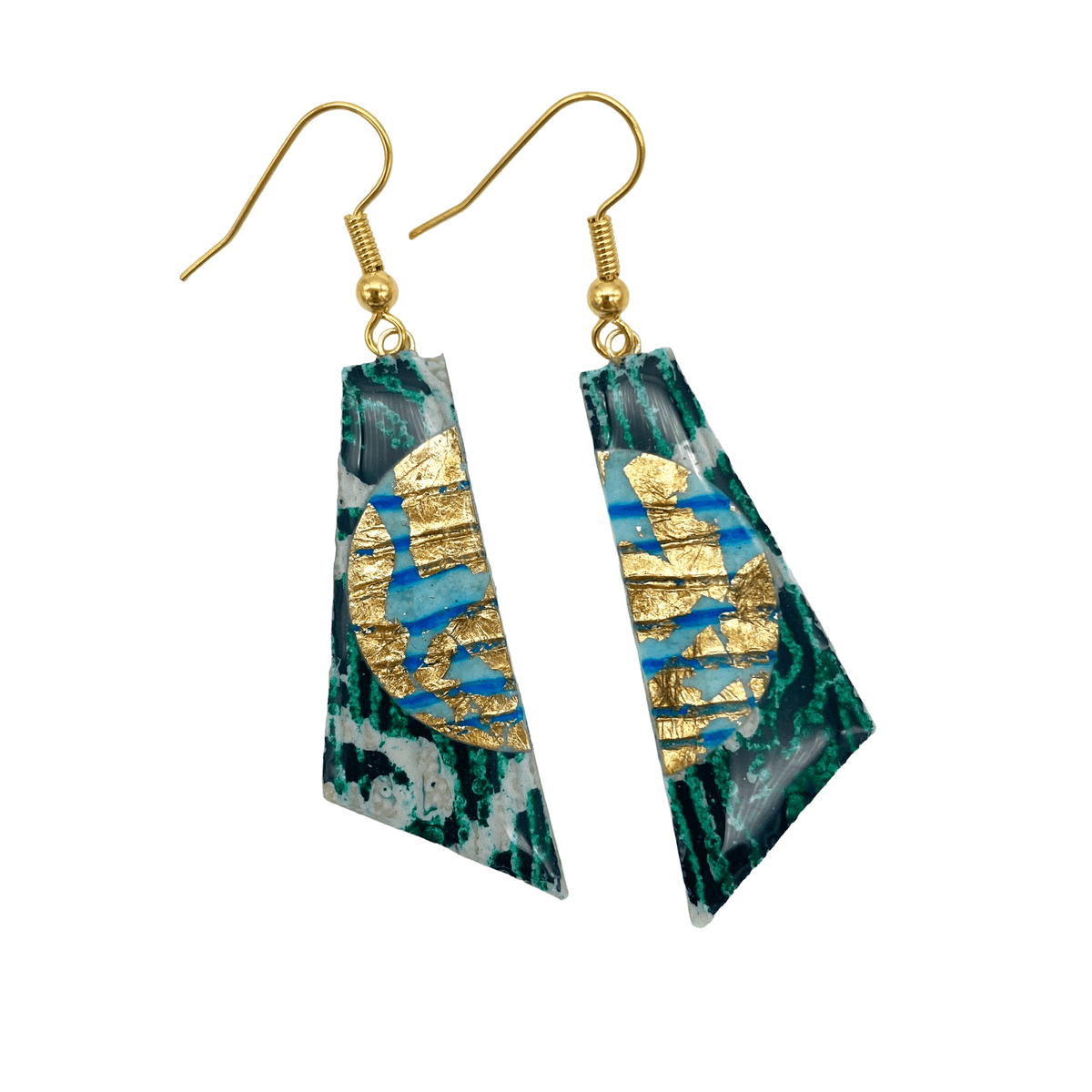 Cora batik textile earrings in dark green/gold/aqua - Rothlú