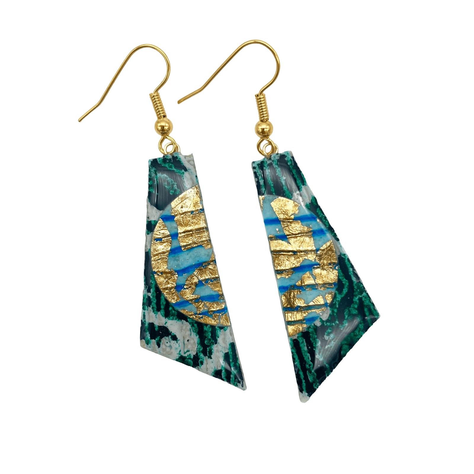 Cora batik textile earrings in dark green/gold/aqua - Rothlú