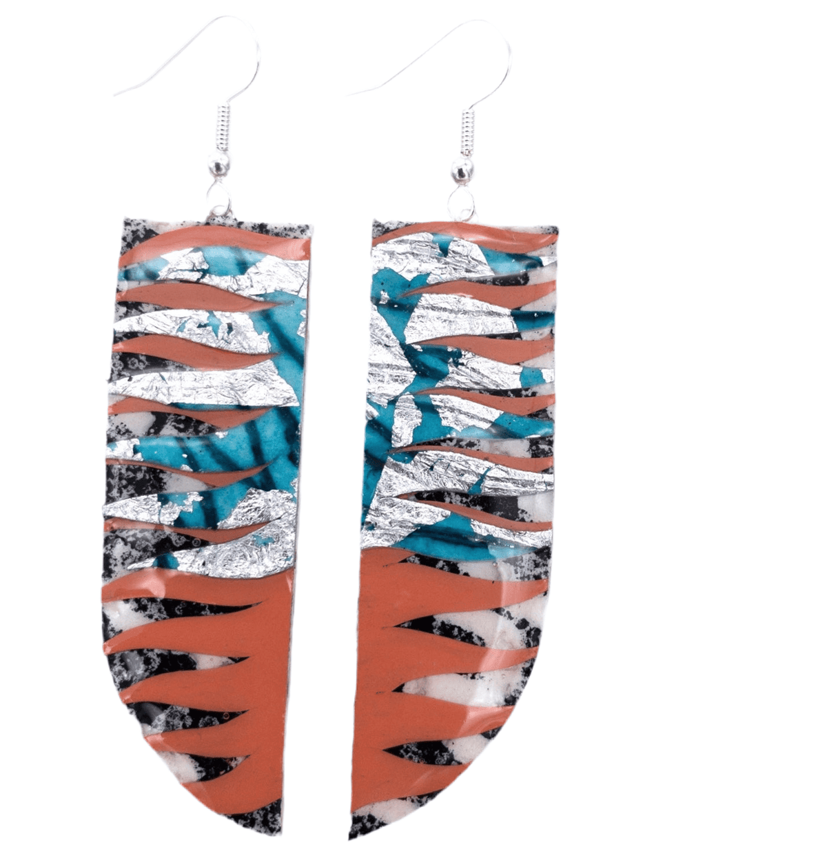 Dióg batik textile earrings in charcoal/sea - blue/silver/orange - Rothlú
