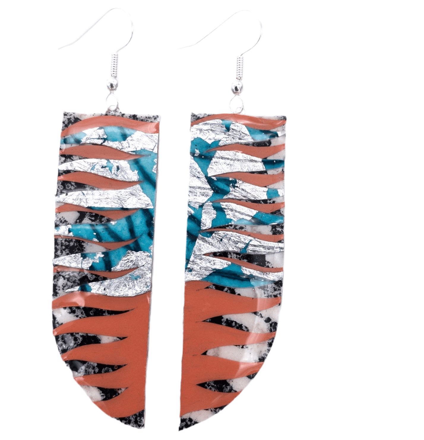 Dióg batik textile earrings in charcoal/sea - blue/silver/orange - Rothlú