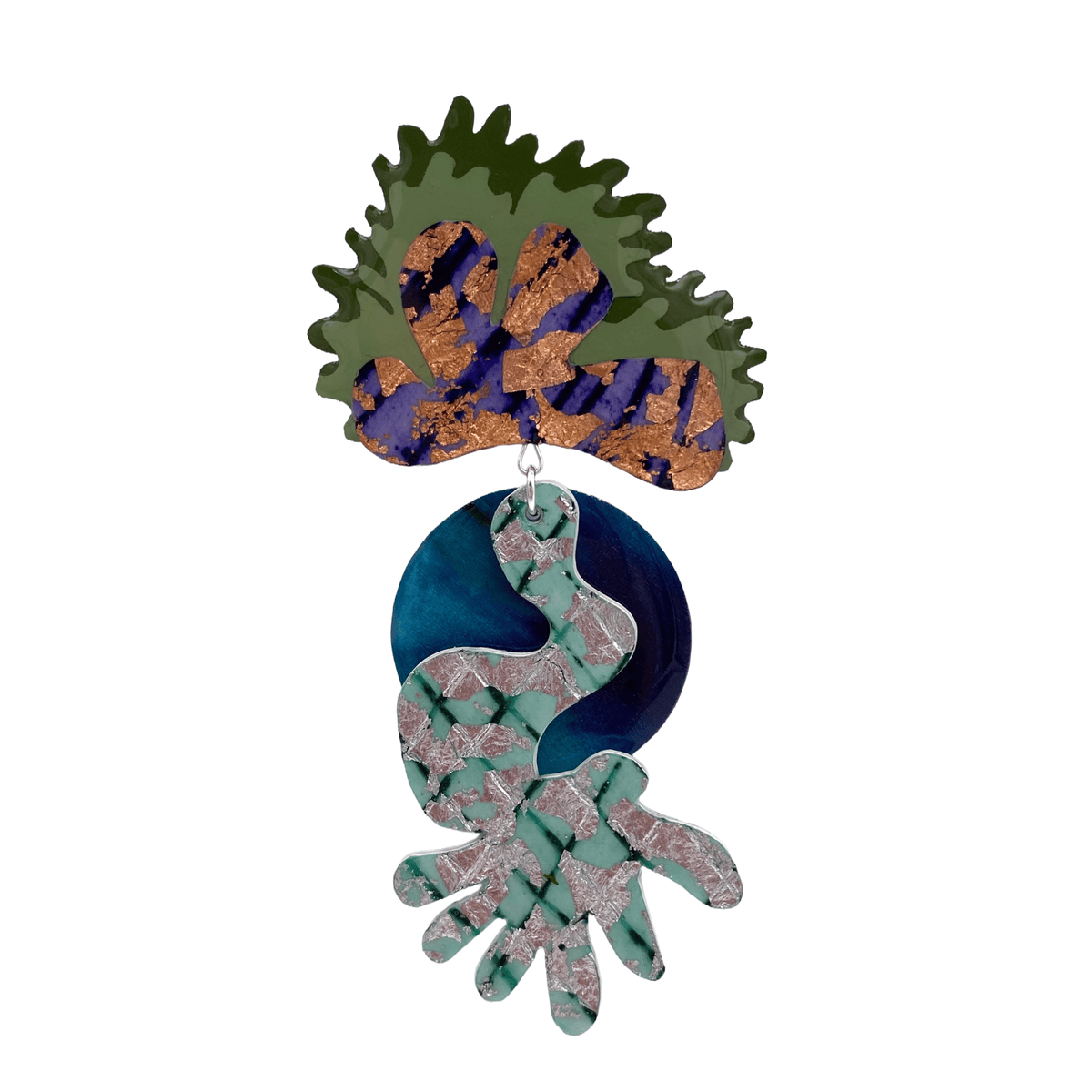 Fanad sgraffito and shibori silk brooch in seaweed/turquoise/silver/rose - gold/indigo - Rothlú