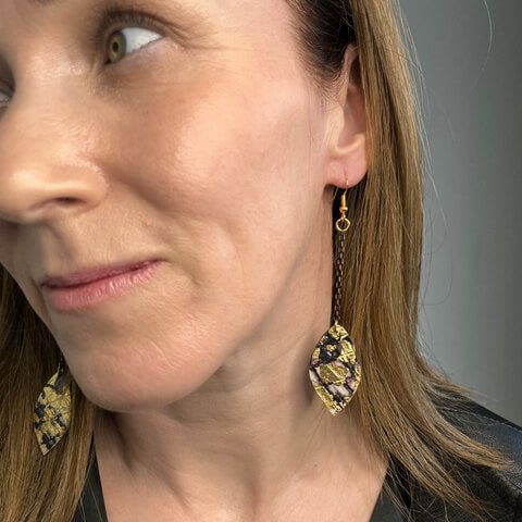 Gile abstract leaf batik textile earrings in black/gold - Rothlú