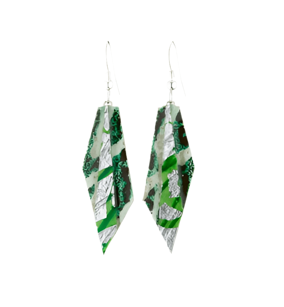 Mini Beulah batik textile earrings in dark - green/silver/apple - Rothlú