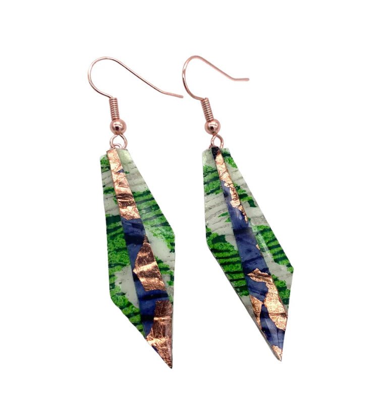 Mini Beulah batik textile earrings in lime/indigo/rose - gold - Rothlú