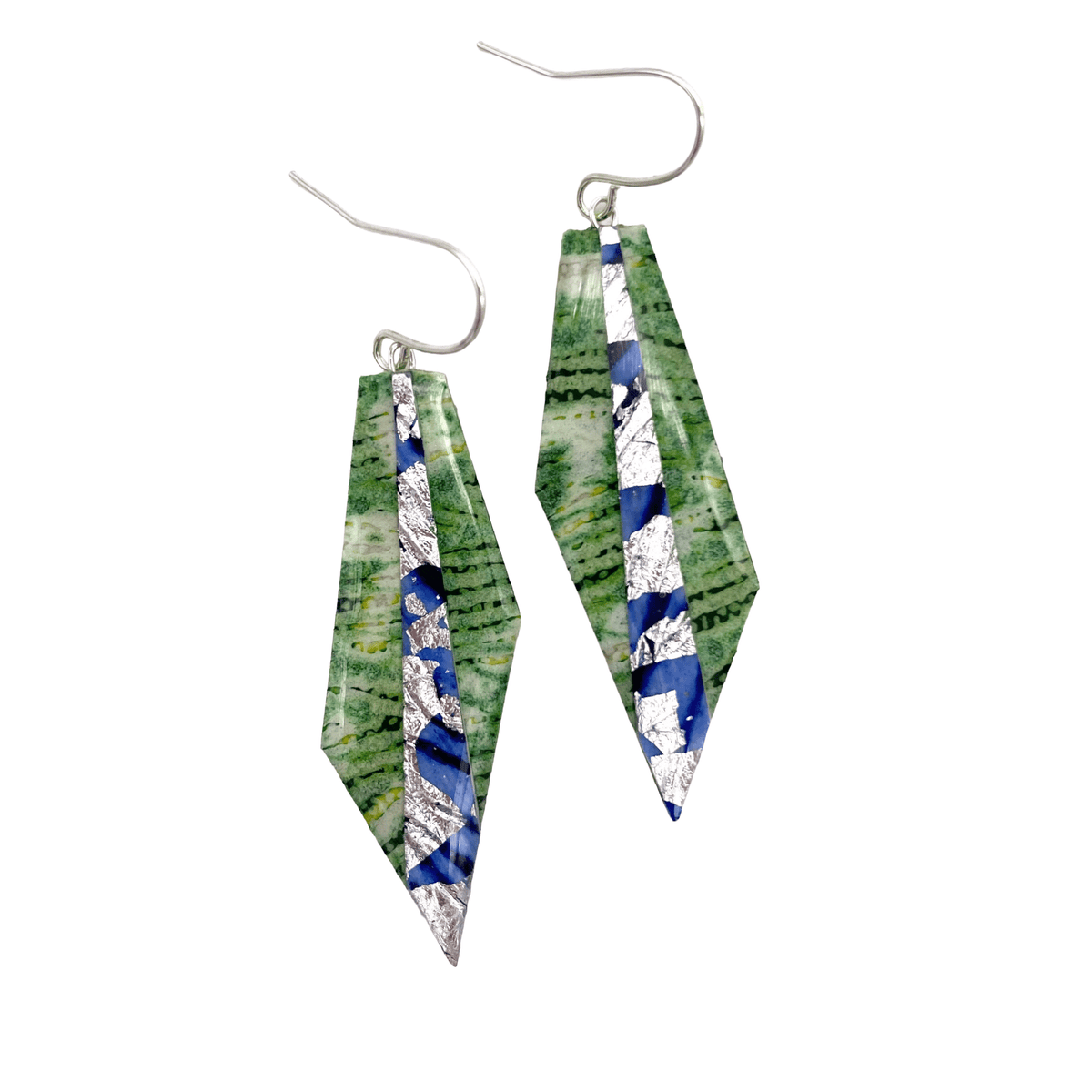 Mini Beulah batik textile earrings in lime/periwinkle/silver - Rothlú