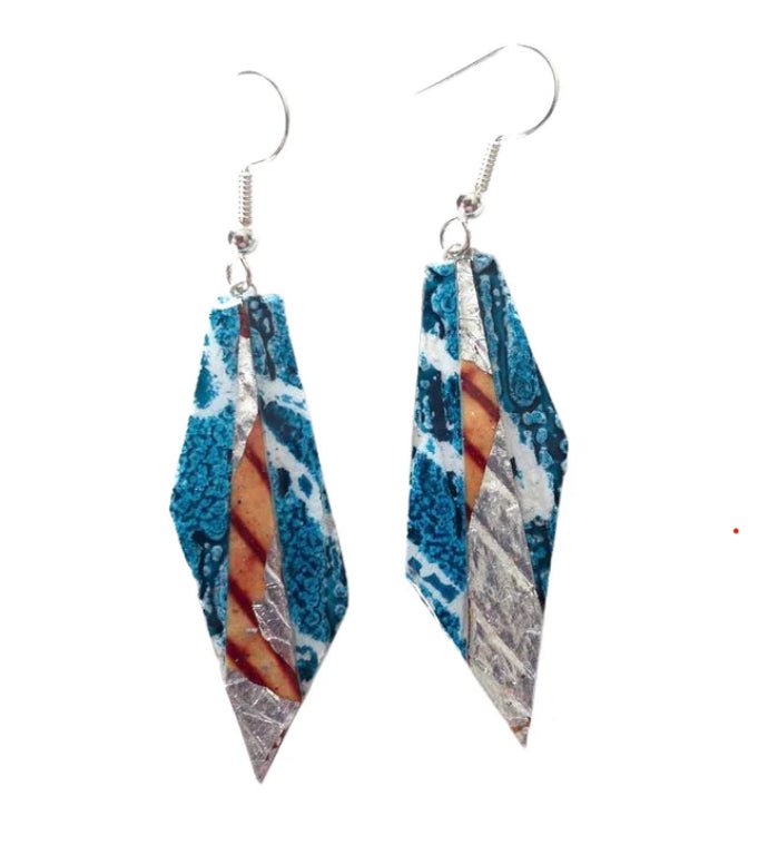 Mini Beulah batik textile earrings in teal/orange/silver - Rothlú