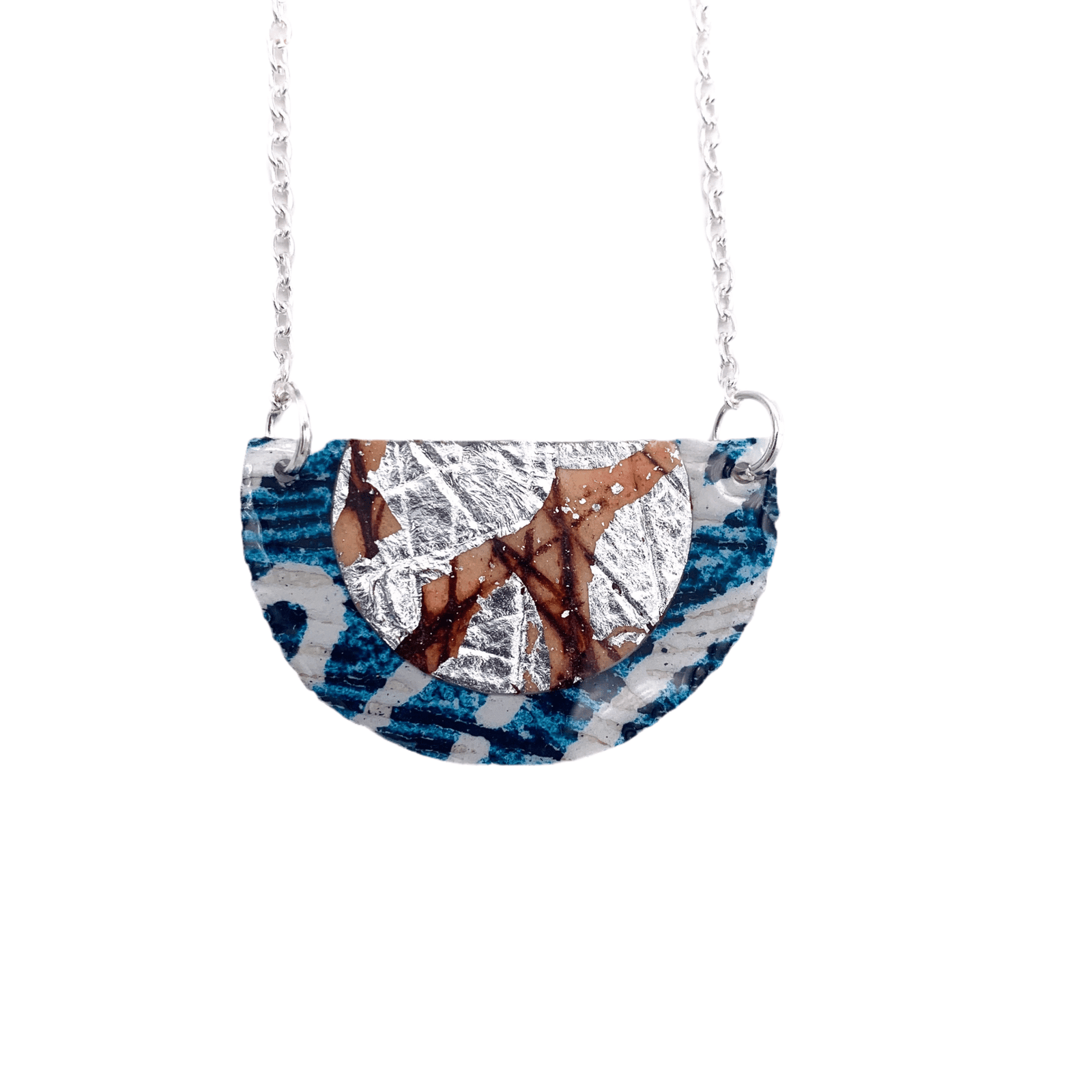 Ovette batik textile necklace in teal/silver/umber - Rothlú