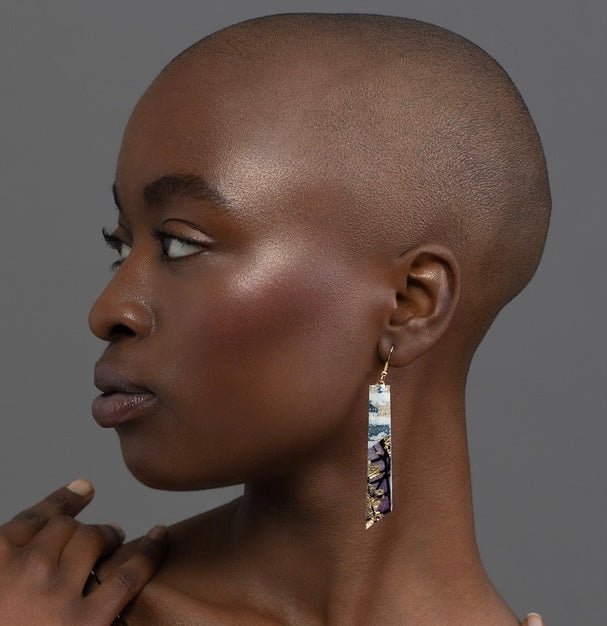 Panthea batik textile earrings in dove/gold/aubergine - Rothlú