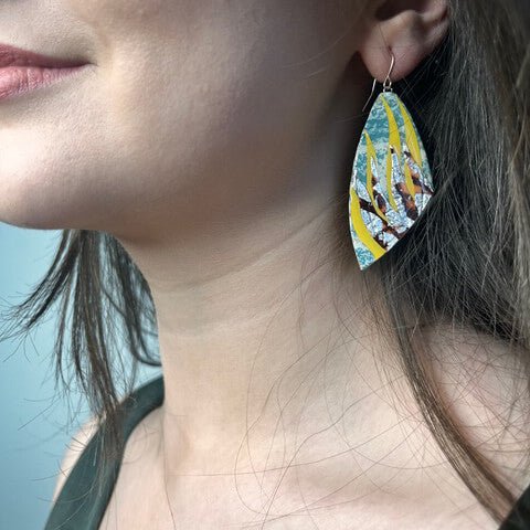 Peitil batik textile earrings in flint - blue/gorse/umber/silver - Rothlú
