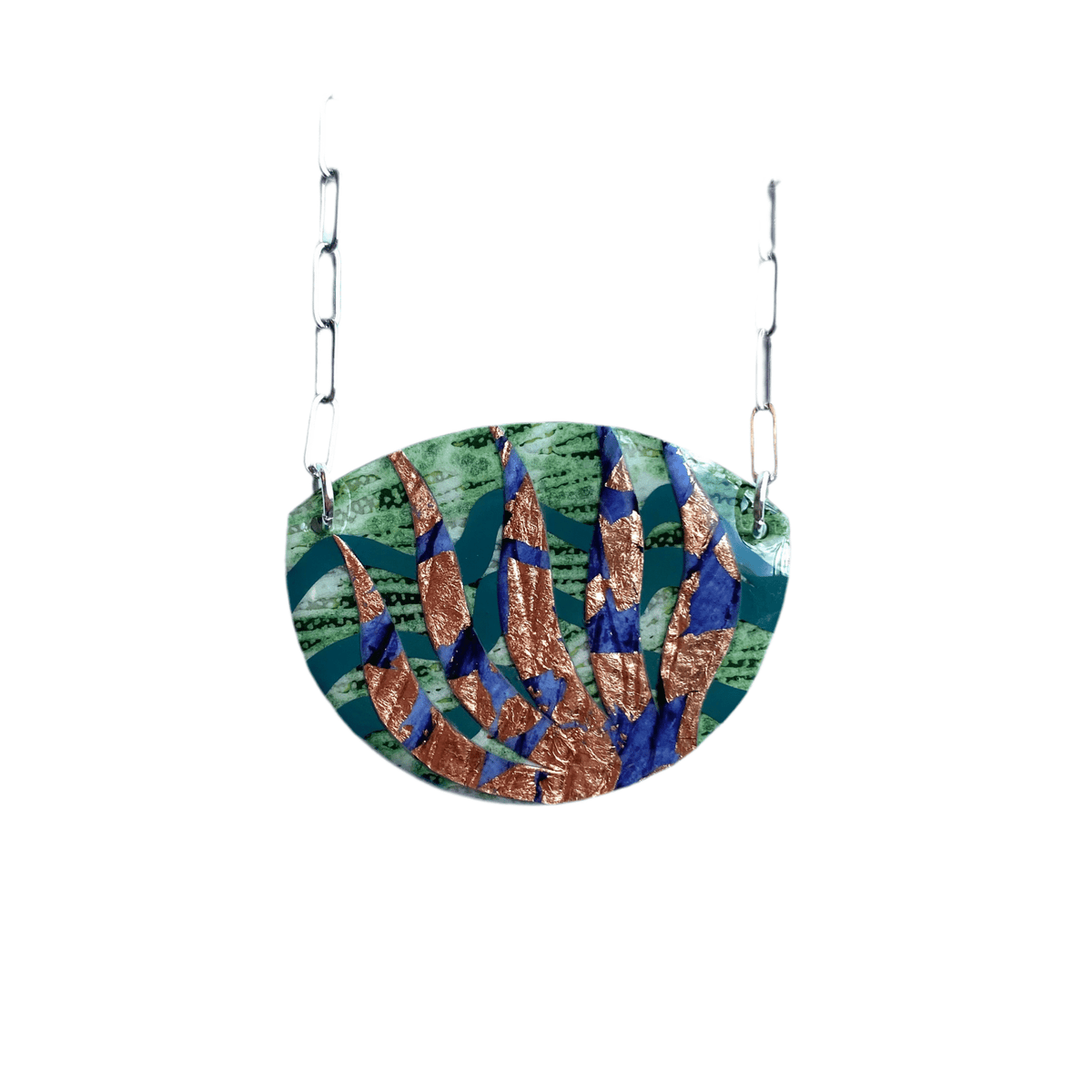 Sáile batik textile necklace in lime/indigo/rose - gold - Rothlú