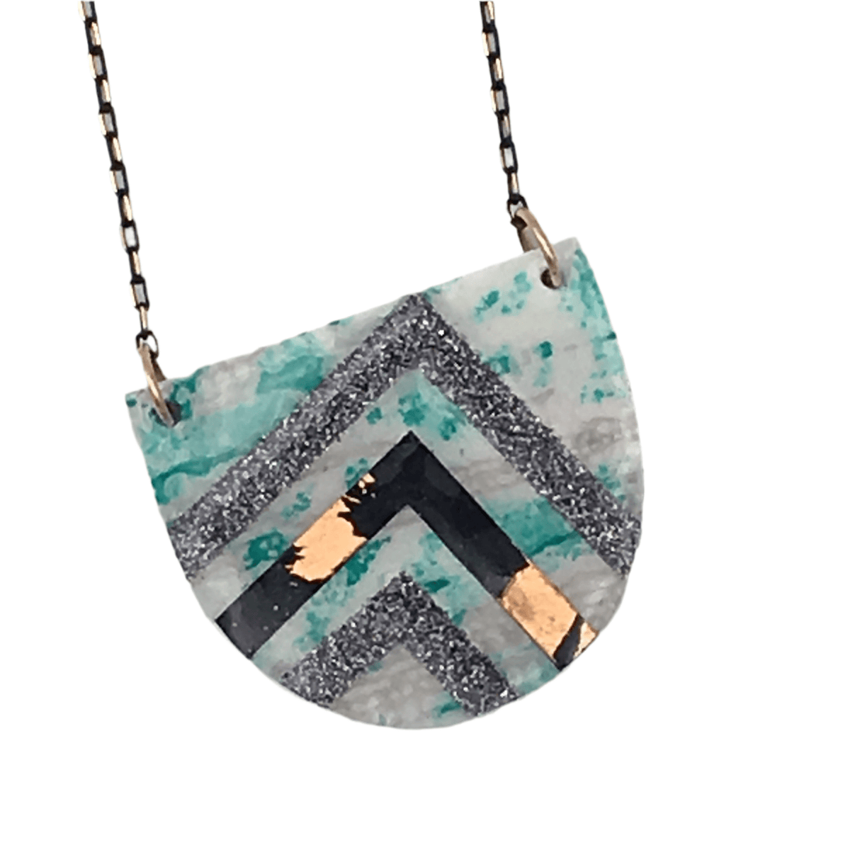 Sayre batik textile necklace in mint/black/copper and grey shimmer - Rothlú