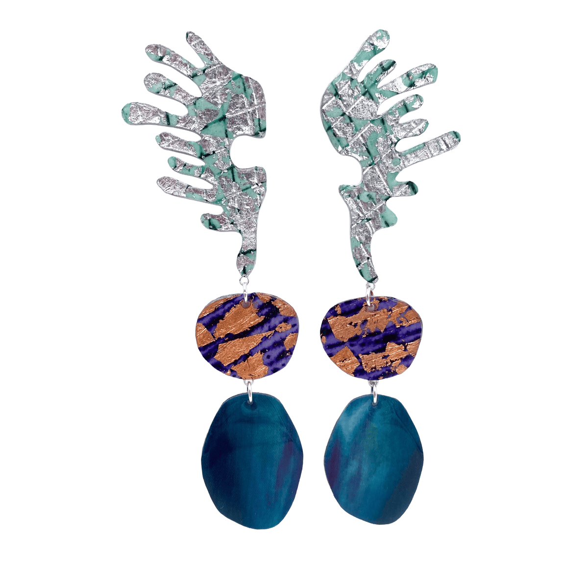 Splanc shibori & sgraffito earrings in celadon, blackberry, teal - Rothlú
