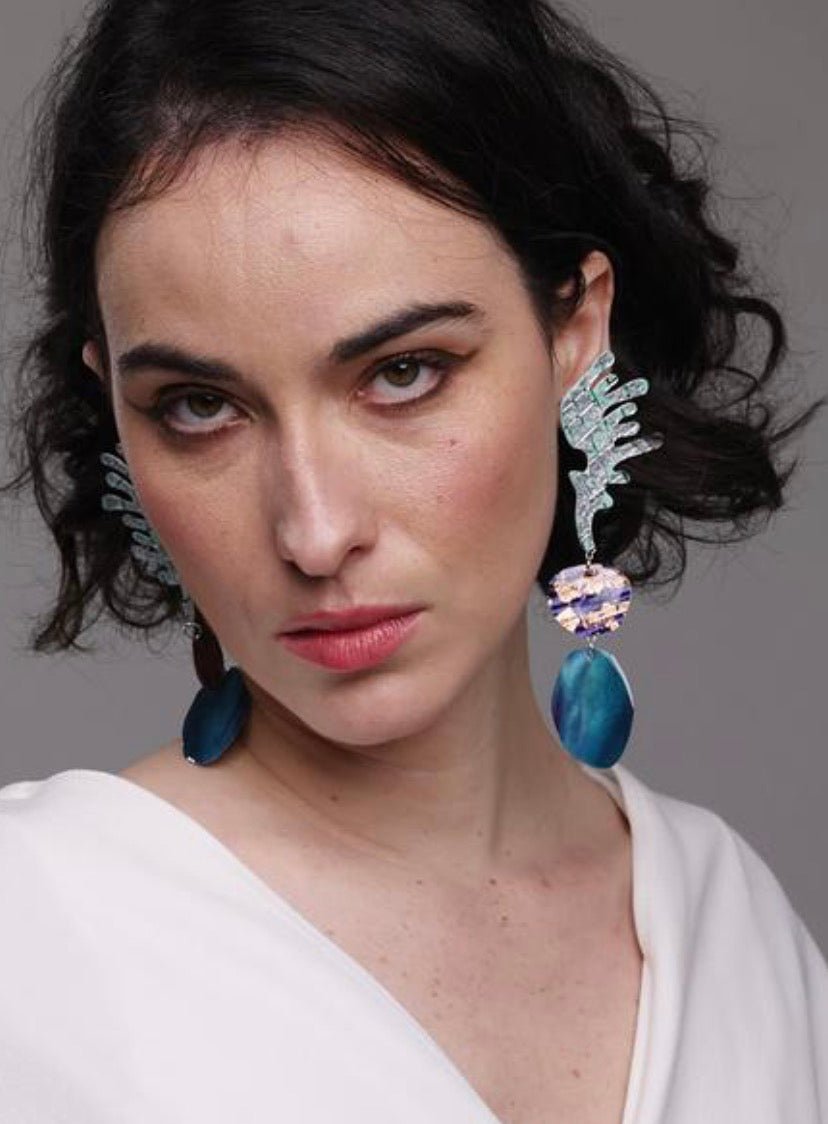 Splanc shibori & sgraffito earrings in celadon, blackberry, teal - Rothlú