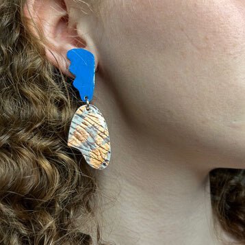 Tidal sgraffito textile earrings in mariner’s blue/grey/rose - gold - Rothlú