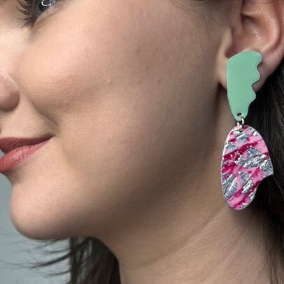 Tidal sgraffito textile earrings in seafoam/pink/silver - Rothlú