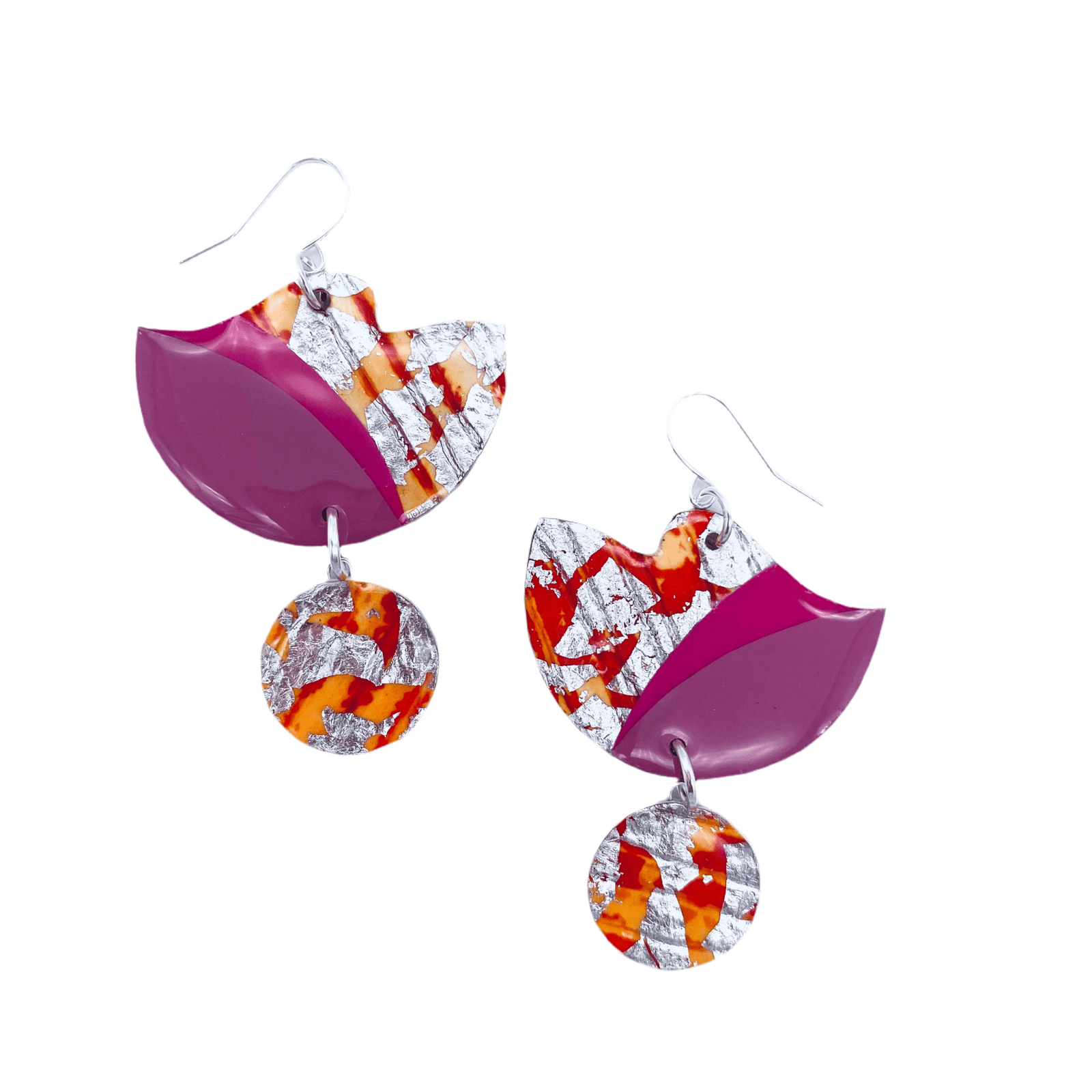 Tonn sgraffito textile earrings in pinks/orange/silver - Rothlú