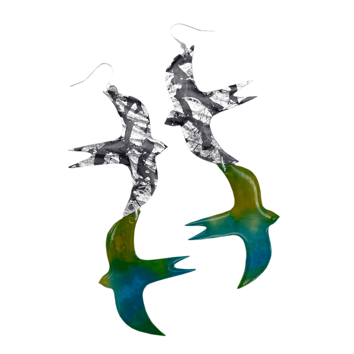 Two Birds sgraffito & shibori silk earrings in blue - green/silver/black - Rothlú