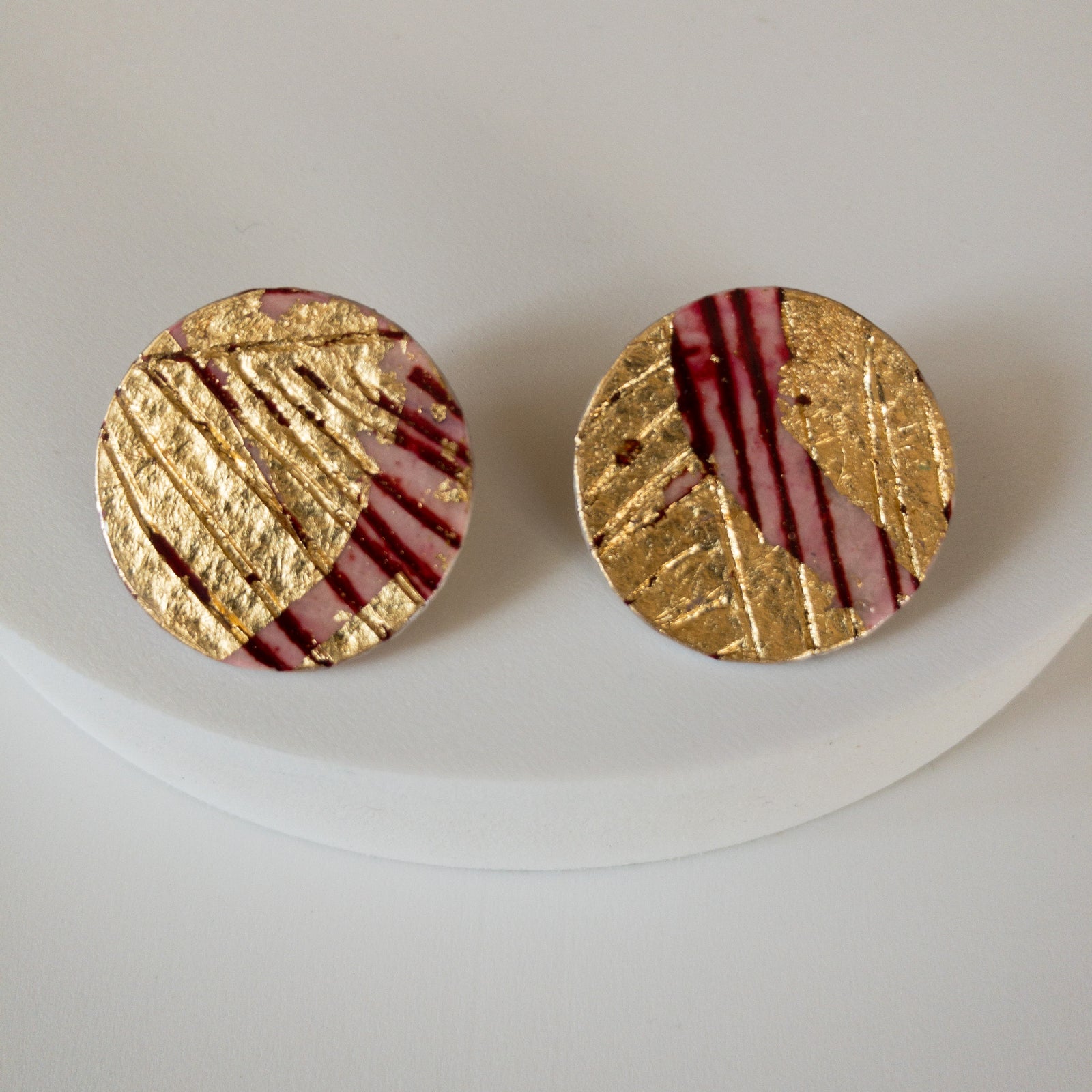 Red and gold round minimalist stud sgraffito earrings handmade and designed in Ireland 