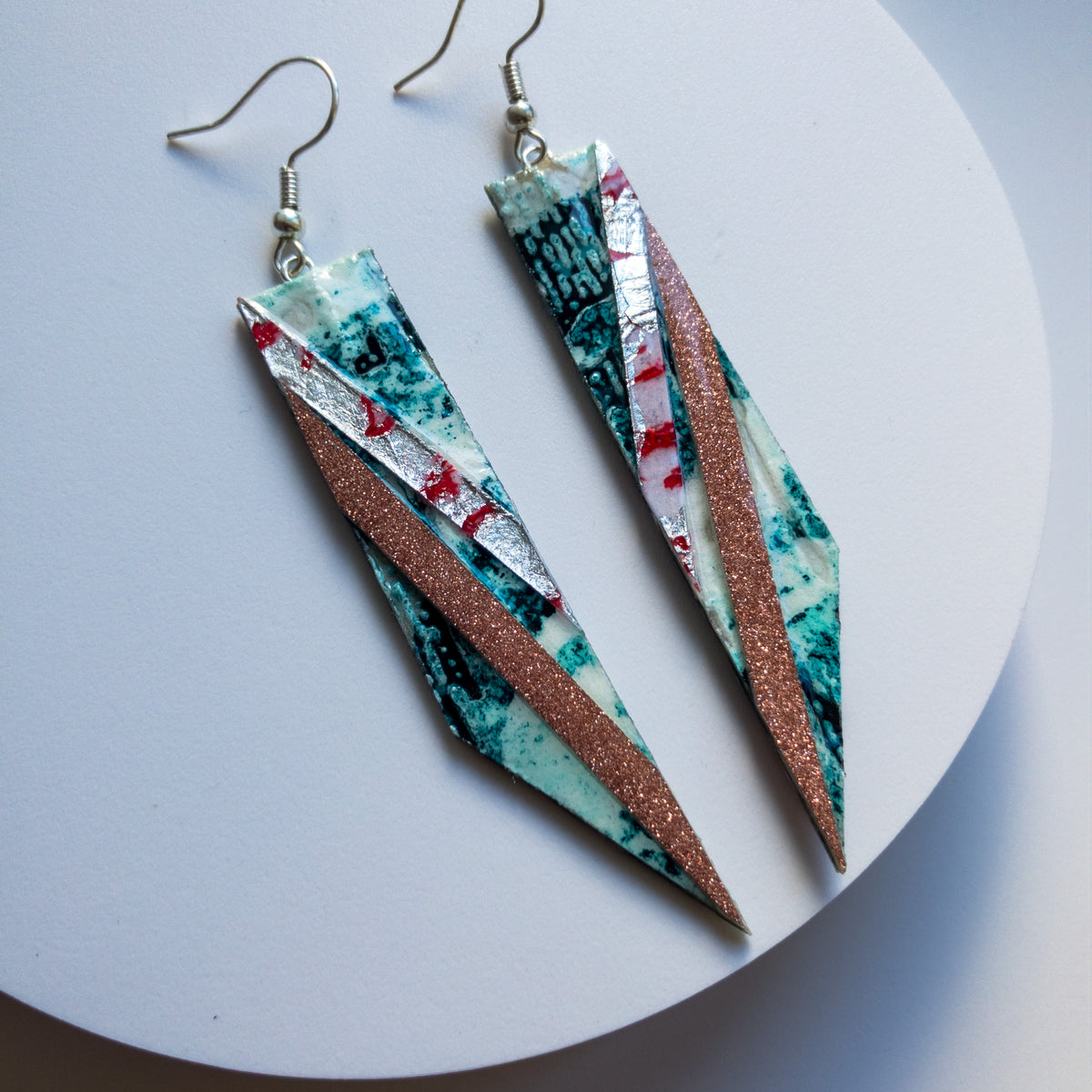 Foxtrot batik textile earrings in jade/coral/silver and blush shimmer