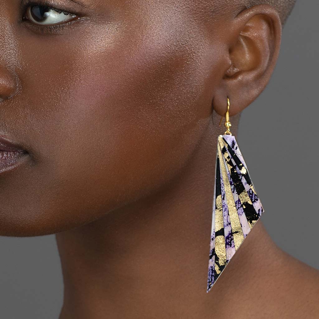 Adabel batik textile earrings in purple/black/gold
