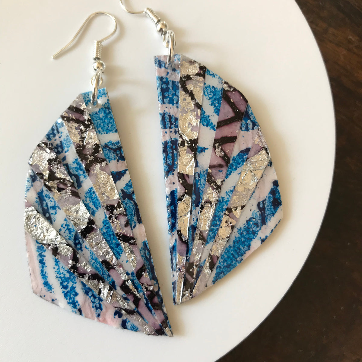 Searchlight batik textile earrings in cobalt/silver/aubergine