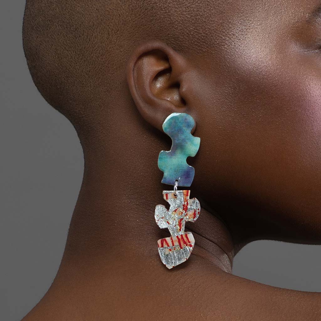 Puzzle earrings by Rothlú in blue silk, orange and silver handcrafted in Ireland 