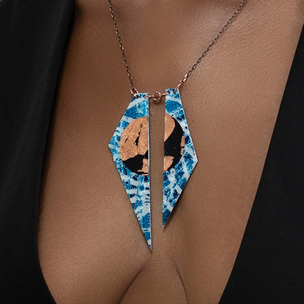 Zazu batik textile necklace in blue/copper/black