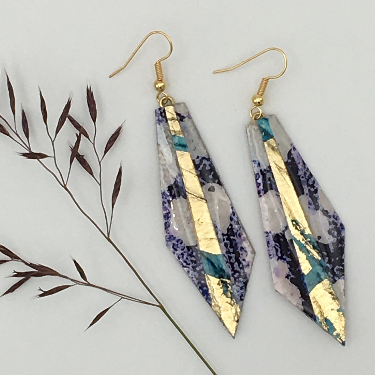 Beulah batik textile earrings in indigo/blue/gold - Rothlú