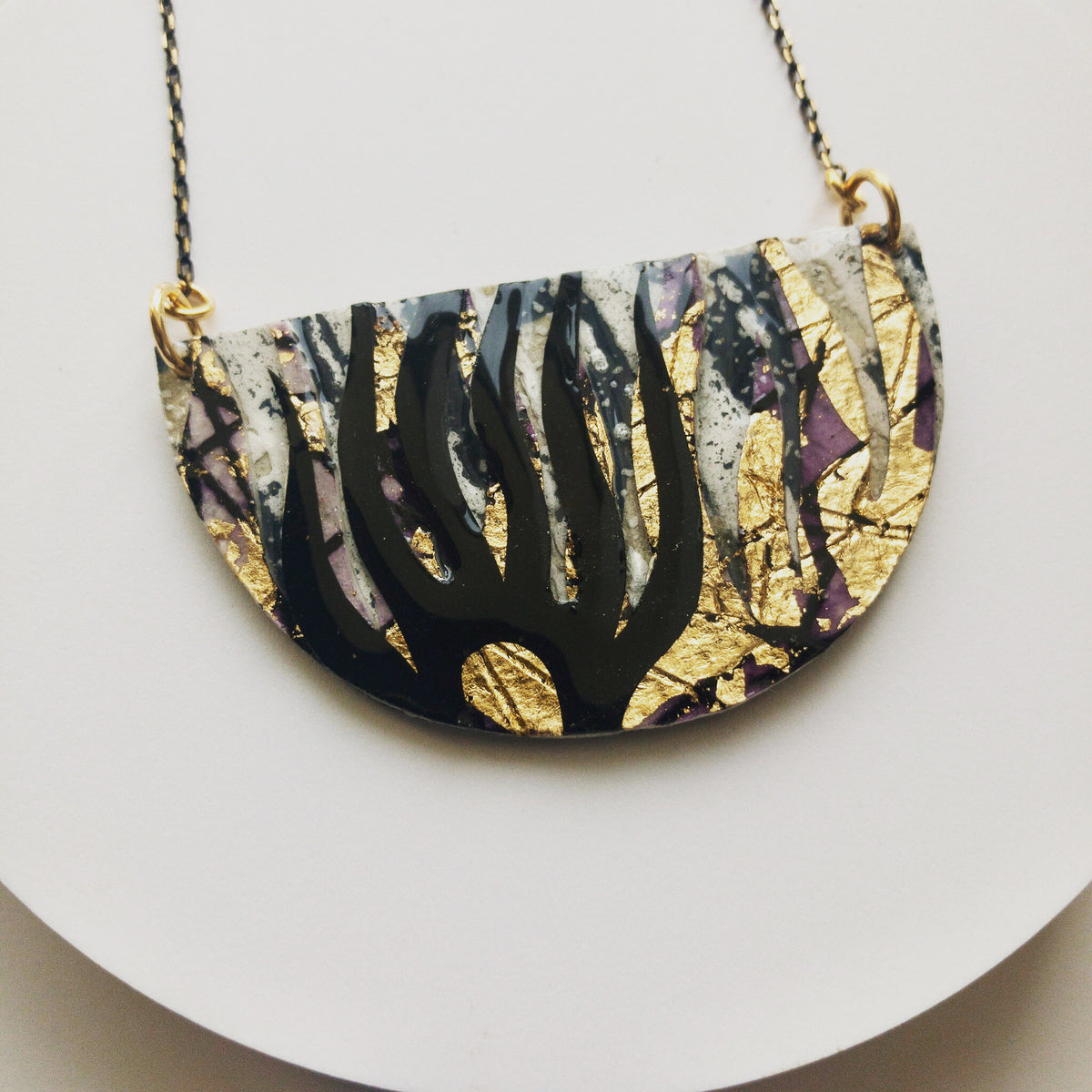 Bláth batik textile necklace in dove/black/gold