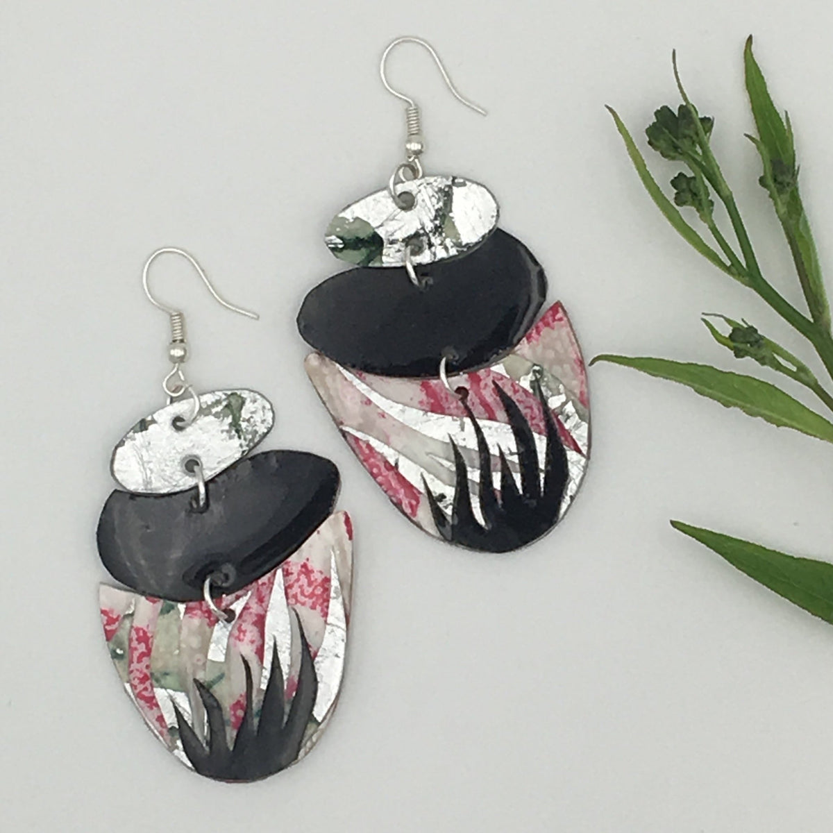 Esmer batik textile earrings in pink/black/silver/celadon - Rothlú