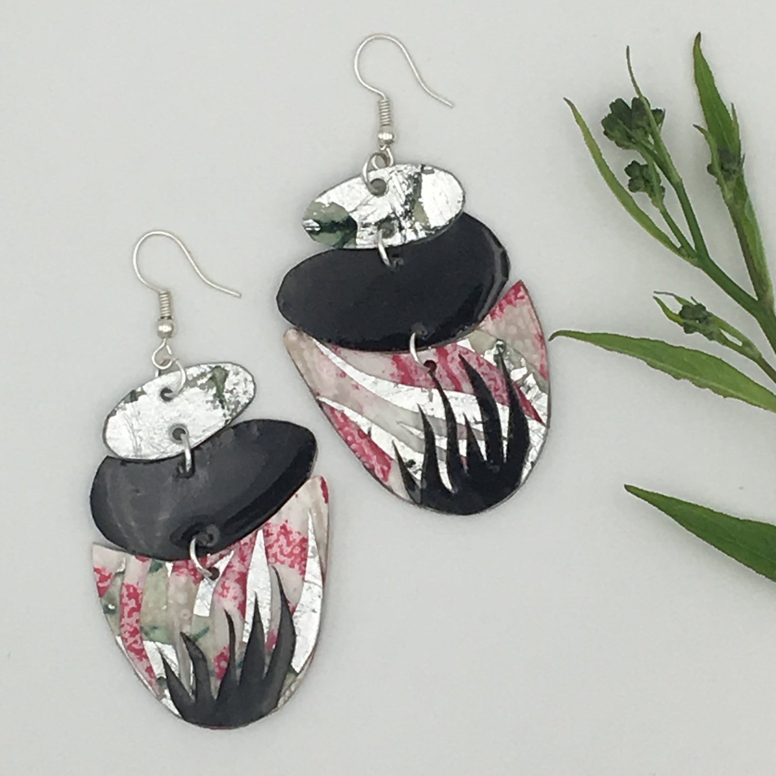 Esmer batik textile earrings in pink/black/silver/celadon - Rothlú