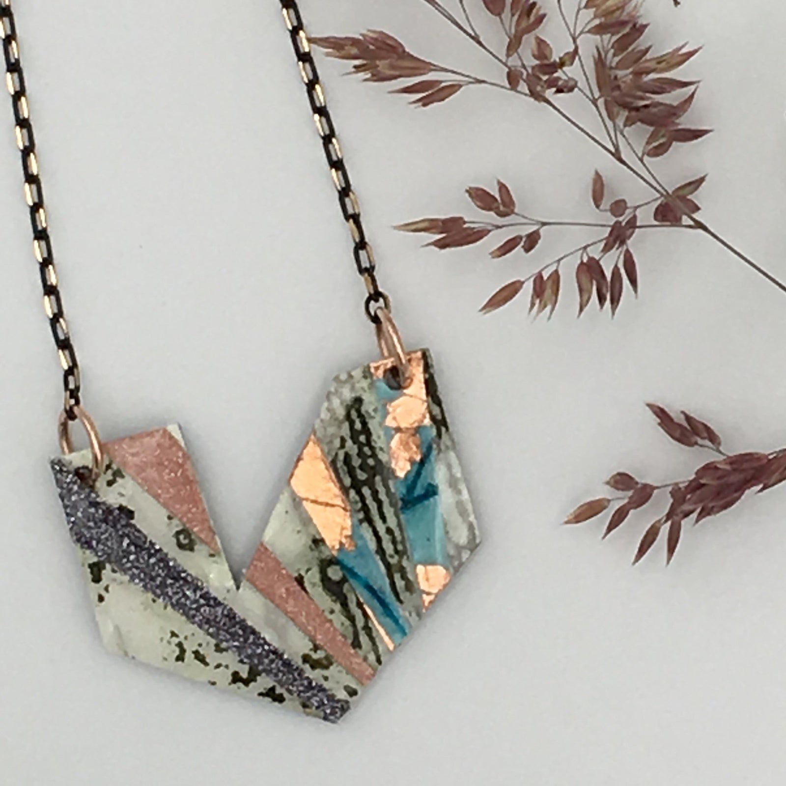 Ezrine batik textile necklace in olive/white/blue/rose - gold and blush/pewter shimmer - Rothlú