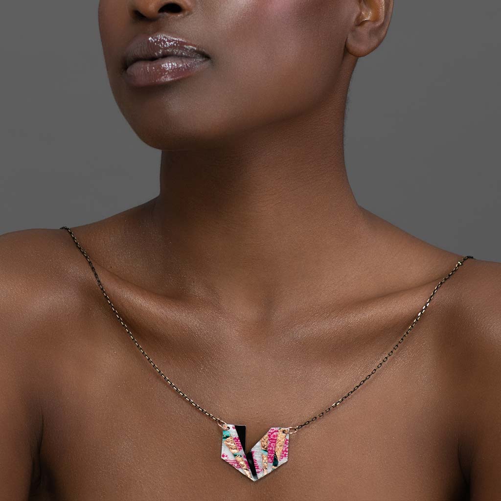 Ezrine batik textile necklace in pink/rose - gold/blue/black - Rothlú