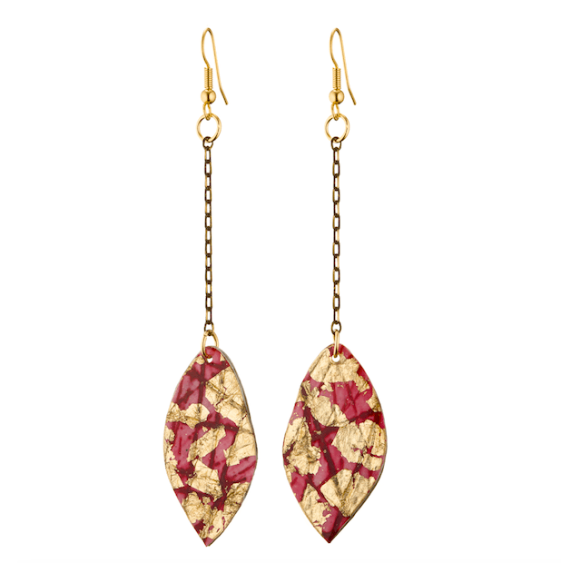 Gile abstract leaf batik textile earrings in red/gold - Rothlú