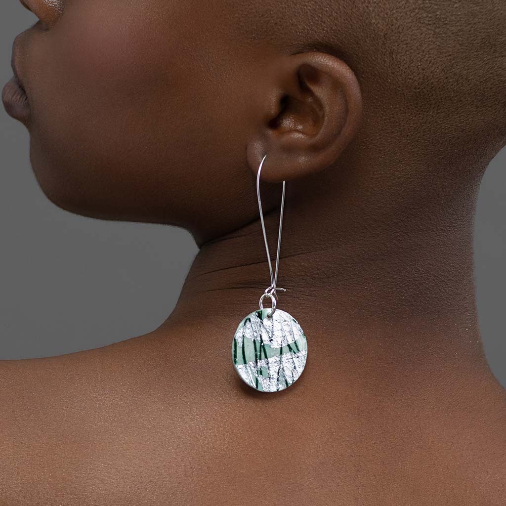 Gile circles batik textile earrings in silver/celadon - Rothlú