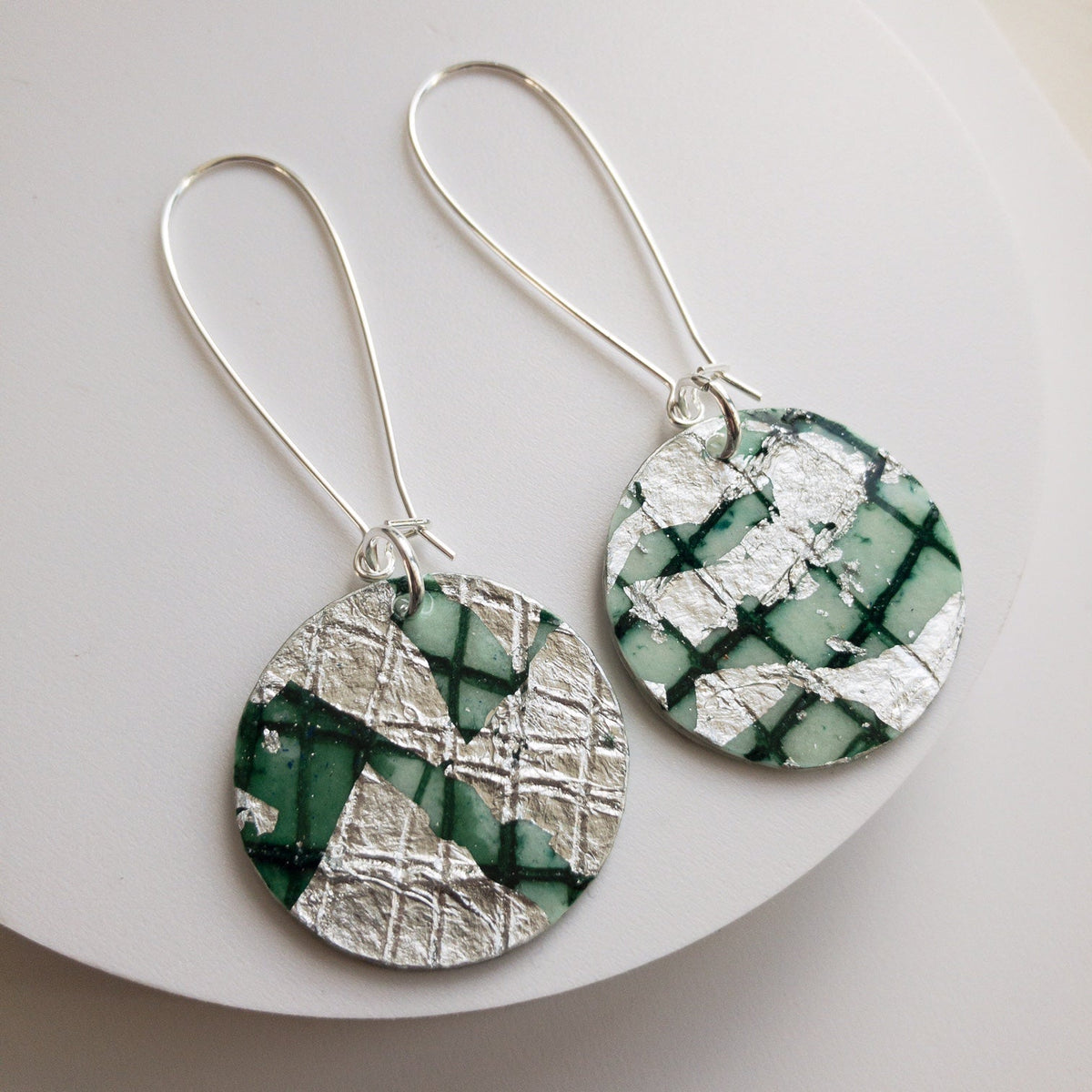 Gile circles batik textile earrings in silver/celadon - Rothlú