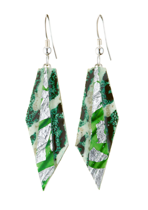 Mini Beulah batik textile earrings in dark-green/silver/apple