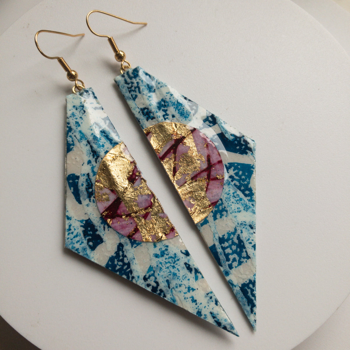 Irma batik textile earrings in blue/red/gold