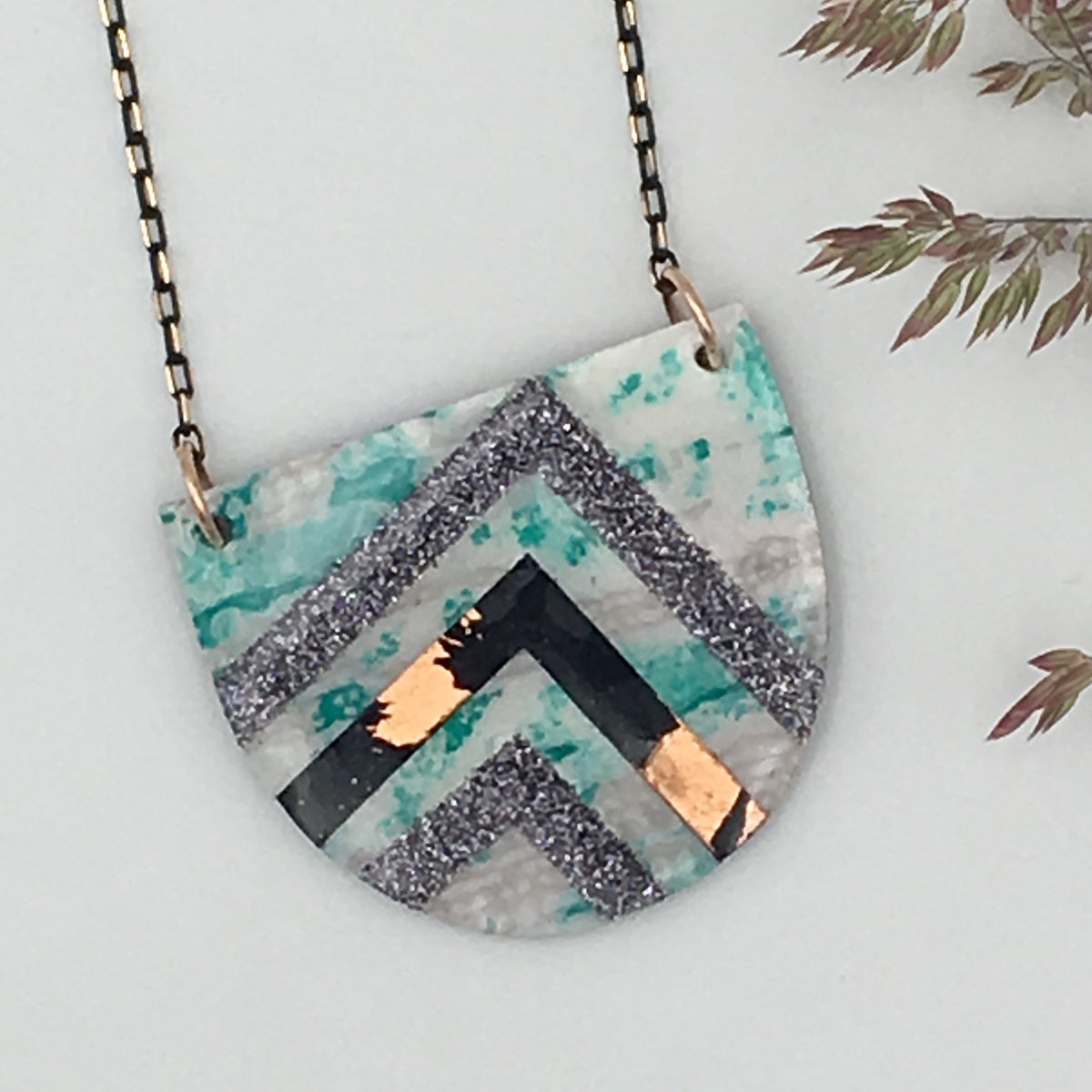 Sayre batik textile necklace in mint/black/copper and grey shimmer