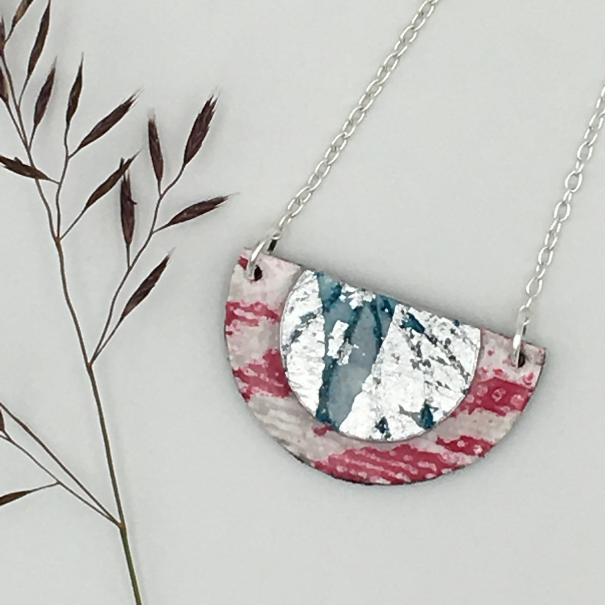 Ovette batik textile necklace in pink/silver/aqua